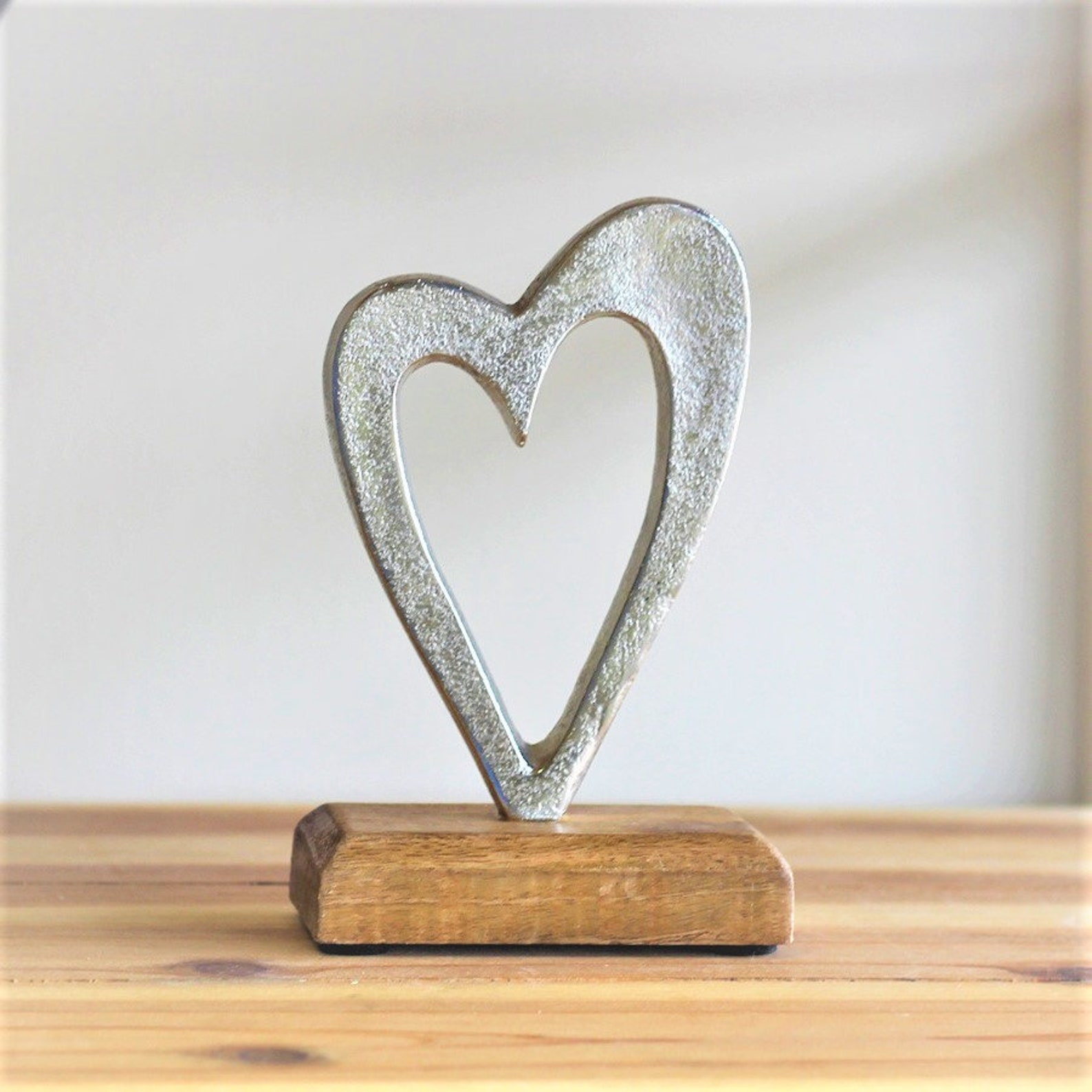 Luxurious Silver Heart Sculpture on a Wooden Base Home Decor Etsy UK