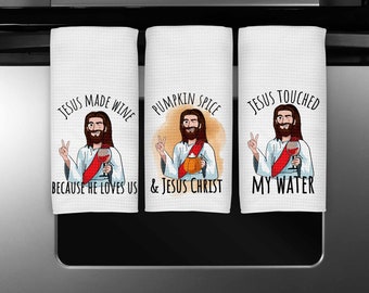 Funny Jesus Wine Coffee Tea Towels Waffle Towels