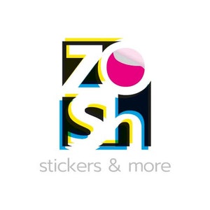 May include: A logo for a company called "Zosh" that specializes in stickers and more. The logo is a stylized image of the word "Zosh" in black, yellow, blue, and cyan with a pink circle behind the "Z".
