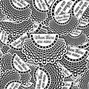 May include: A collection of black and white stickers with the text "When there are nine" and a stylized image of a collar.