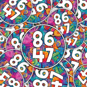 May include: A colorful sticker with the numbers 86 and 47 in white on a psychedelic background with flowers and swirls.