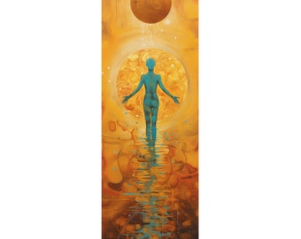 May include: A blue figure stands in a pool of water, with a golden sun behind them. The background is a yellow and orange gradient with a smaller golden orb above the sun.
