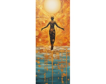 May include: A yoga mat with a painting of a person walking on water with a large sun in the background. The water is blue and the sun is yellow with orange and gold accents.