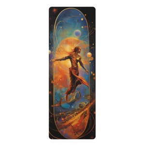 May include: A yoga mat with a colorful design featuring a woman standing in a cosmic landscape with planets and stars. The woman is wearing a flowing orange dress and has long, flowing hair.