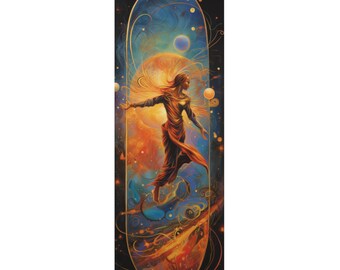 May include: A yoga mat with a colorful design featuring a woman standing in a cosmic landscape with planets and stars. The woman is wearing a flowing orange dress and has long, flowing hair.