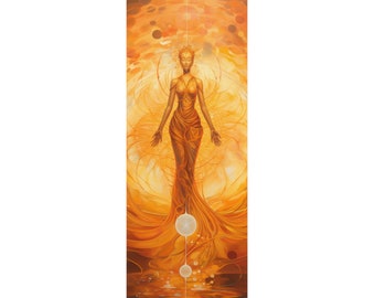 May include: A yoga mat with a colorful illustration of a woman standing in a yoga pose. The background is a vibrant orange and yellow with a swirling pattern. The woman is wearing a gold dress and has a halo of light around her head.