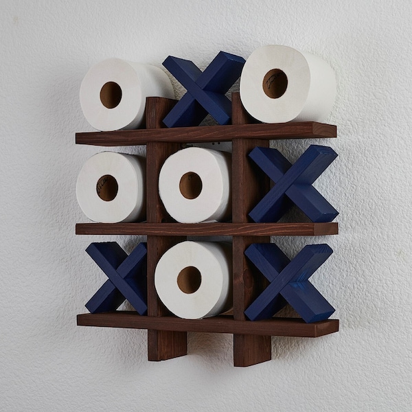 Baderollenhalter aus Kastanienholz | Tic Tac Toe | Blaue Kiefer | Toilettenpapier-Display | Badezimmer-Dekor | Badezimmerorganisation |