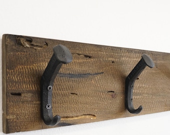 Reclaimed Wood Coat Rack | Distressed Blue Pine, Railroad Spike Hooks