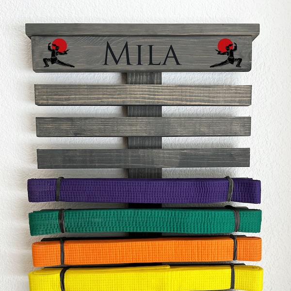 Grey Stained Martial Arts Display Rack | Karate Belt Display | Personalized | Karate | Kids | Jiu Jitsu | Taekwondo Belt Display