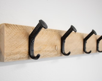 Reclaimed Wood Coat Rack: Railroad Spike Hooks, Western Decor, Natural finish