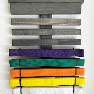 May include: A wooden martial arts belt display rack with a dark gray finish. The rack holds several colored belts: white, yellow, orange, green, and purple. Each belt is secured with a black band. The rack is mounted on a white wall.