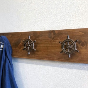 Rustic Wood Coat Hanger with Ship Wheel Hooks | Farmhouse Entryway Decor