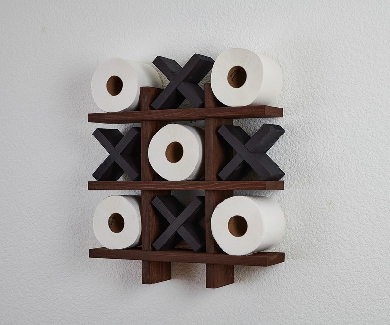 Portarrollos de baño de castaño / Tic Tac Toe / Pino azul / Exhibición de papel higiénico / Decoración de la sala de baño / Organización de la sala de baño / imagen 3