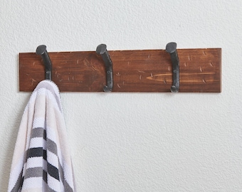 Custom Blue Pine Coat Rack, Chestnut Stained Distressed Wood, Railroad Spike Hooks