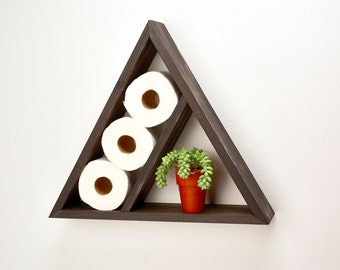 Triangle Wood Shelf | This bathroom organiser is designed to beautifully store toilet paper rolls, plants, perfumes & more!