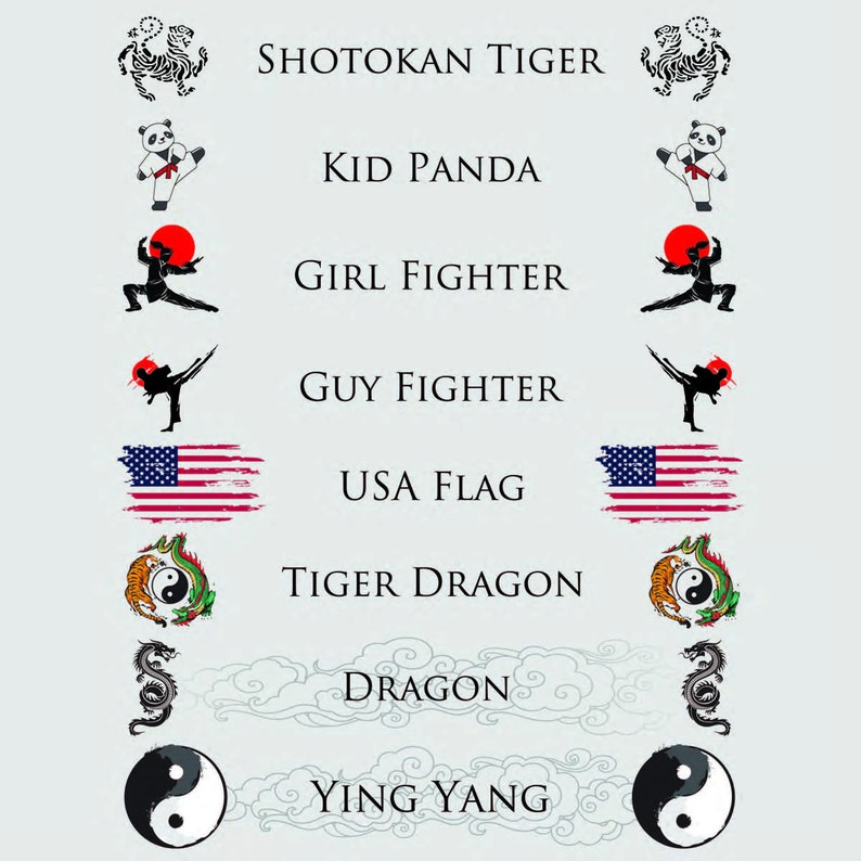 May include: A graphic design featuring martial arts-themed illustrations and text. Includes images of a tiger, panda, and fighter silhouettes, along with the text "SHOTOKAN TIGER", "KID PANDA", "GIRL FIGHTER", "GUY FIGHTER", "USA FLAG", "TIGER DRAGON", "DRAGON", and "YING YANG".