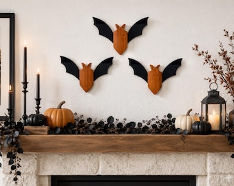 Halloween Bat Wall Decor | Wood & Metal Bat Decoration | Modern Spooky Home Decor | Single or Set of 3