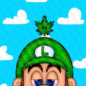 May include: A green cartoon character with a green hat and a marijuana leaf on top of the hat. The character has a relaxed expression and is looking down. The background is a blue sky with white clouds.
