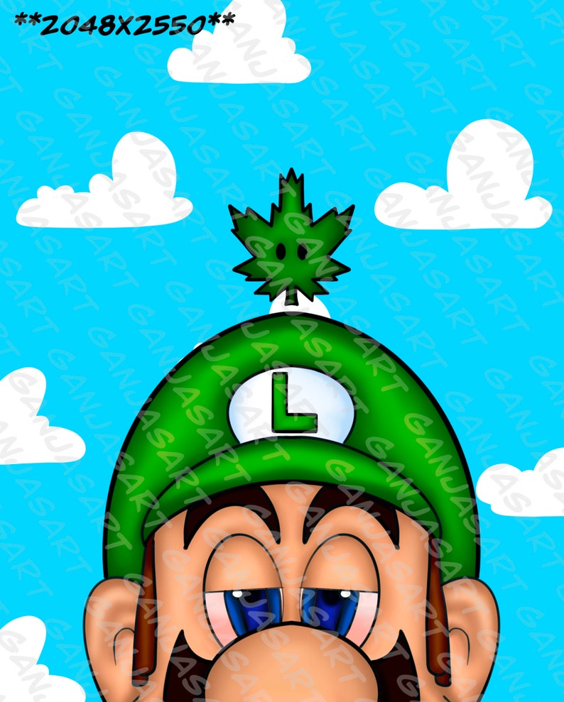 May include: A green cartoon character with a green hat and a marijuana leaf on top of the hat. The character has a relaxed expression and is looking down. The background is a blue sky with white clouds.