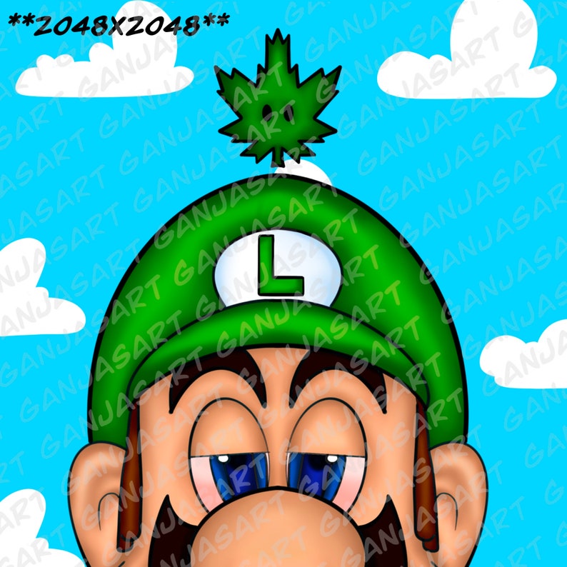 May include: A green cartoon character with a green hat and a marijuana leaf on top. The character has a mustache and a goatee. The background is blue with white clouds and the text "GANJASART" repeated.