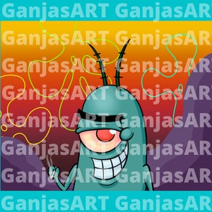 May include: A cartoon illustration of a green character with a single red eye and a wide grin, holding a lit cigarette. The character is set against a background of orange, yellow, and purple swirls.