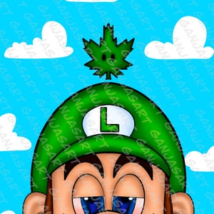 May include: A green and black cartoon character with a green hat and a marijuana leaf on top of the hat. The character has a relaxed expression and is looking down. The background is a light blue sky with white clouds.