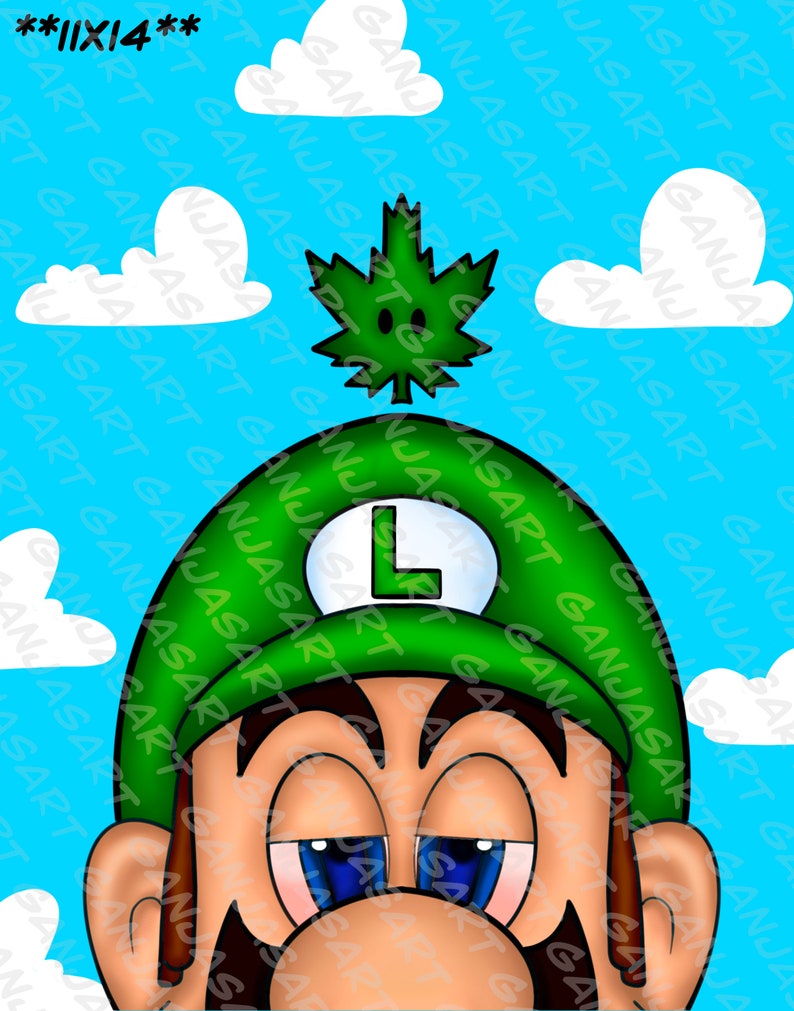 May include: A green and black cartoon character with a green hat and a marijuana leaf on top of the hat. The character has a relaxed expression and is looking down. The background is a light blue sky with white clouds.