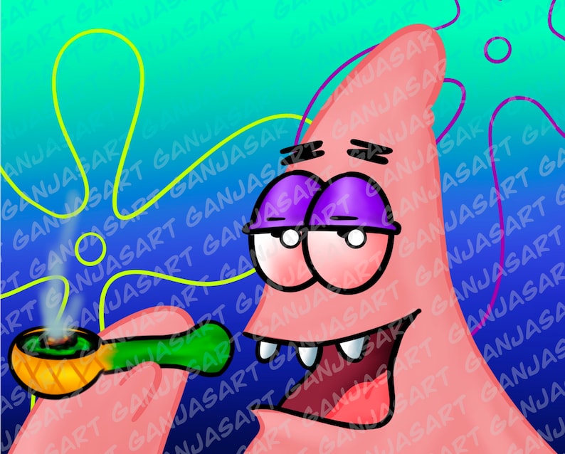 May include: A cartoon character with pink skin and purple eyelids is holding a green and yellow pipe with smoke coming out of it. The background is a blue and green gradient with a pattern of yellow circles.
