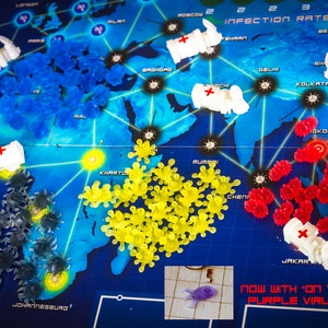 Pandemic Board Game: Custom 3D printed tokens with upgraded research center + optional storage + optional purple virus tokens