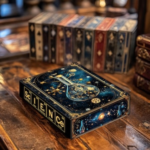 May include: A deck of playing cards with a science theme. The box features a dark blue background with gold accents and a glass flask with gears and planets inside. The text "SCIENCE" is printed on the box in gold letters.