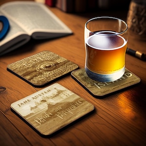 May include: Four square wooden coasters with different book covers printed on them. The coasters feature the covers of "Pride and Prejudice", "The Island", "The Kite Runner", and "The Time Traveler's Wife".