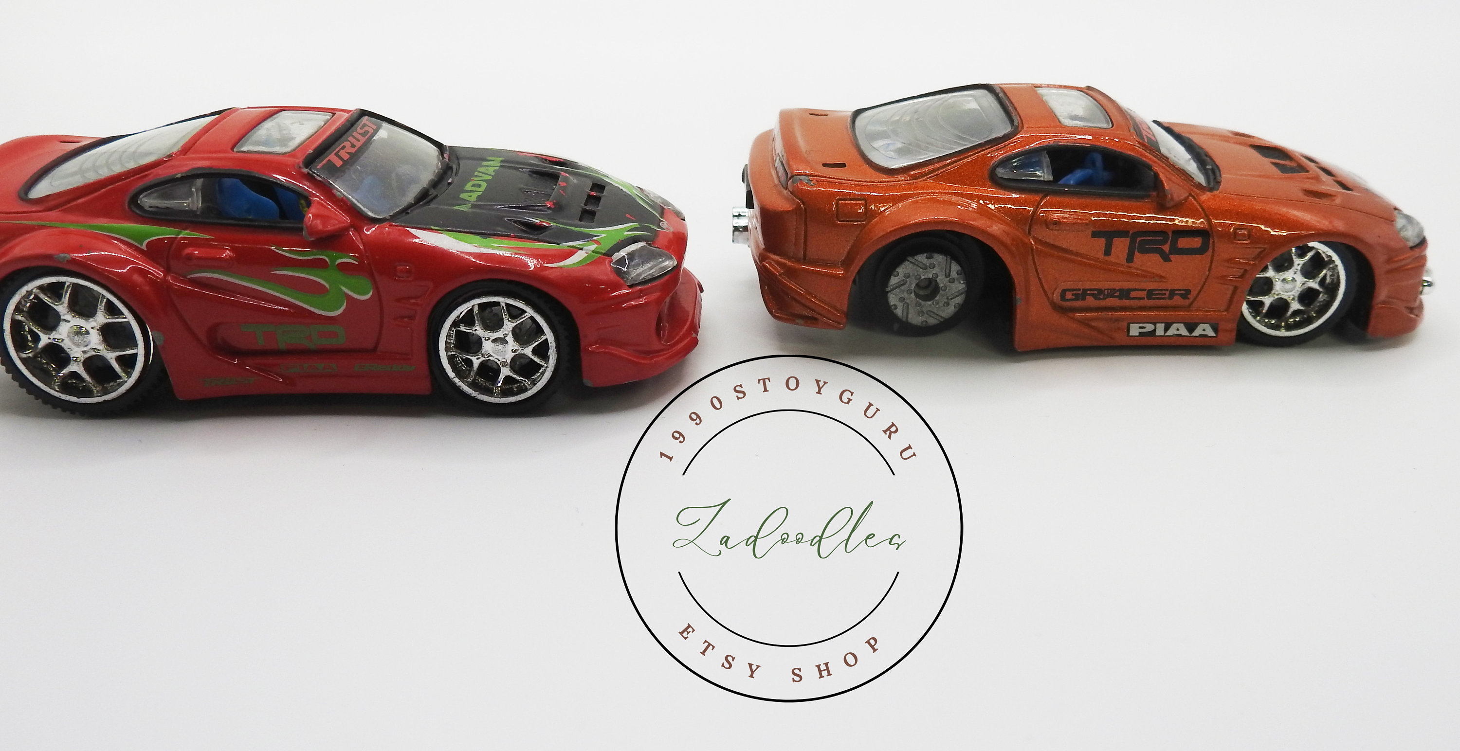 Set of 2 Kentoys 2003 Toyota Supras - Fire Engine Red & Rust