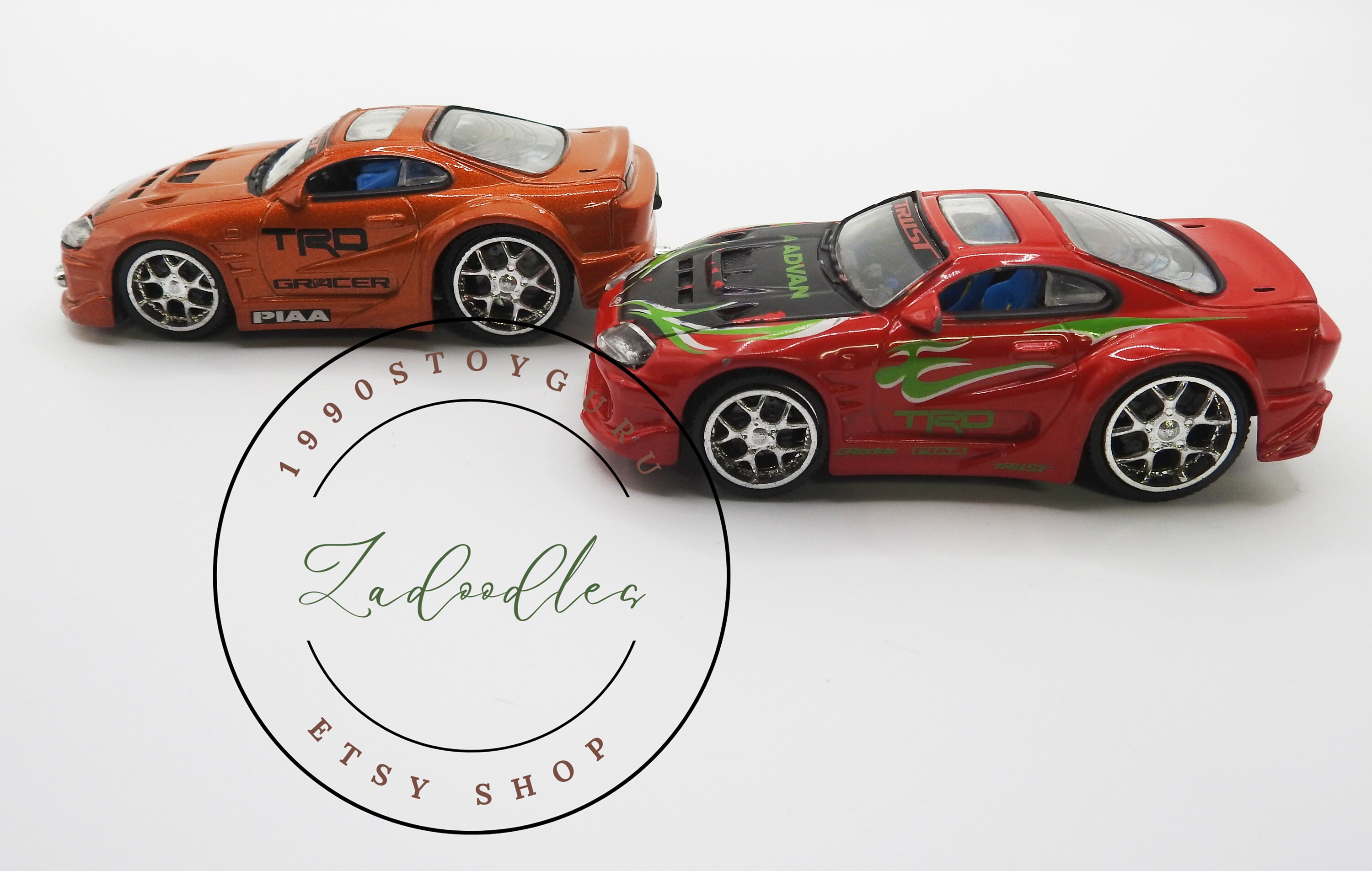 Set of 2 Kentoys 2003 Toyota Supras - Fire Engine Red & Rust