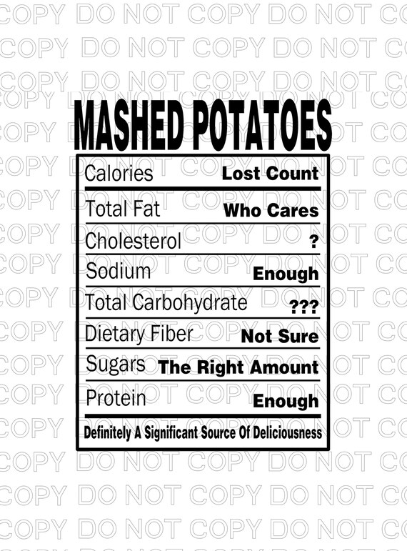 Mashed Potatoes Nutrition Facts Ready to Print Dye Sublimation Etsy