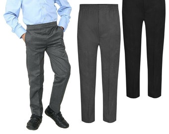 Boys Back to School Fully Elasticated Pull Up Plain Uniform Trouser Sturdy Loose Fit Side Pockets Pants Age 2-13 Years