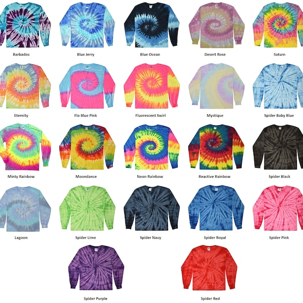 Tie Dye Shirt Long Sleeve Adult Sizes (S M L XL 2XL 3XL) Unisex 100% Cotton