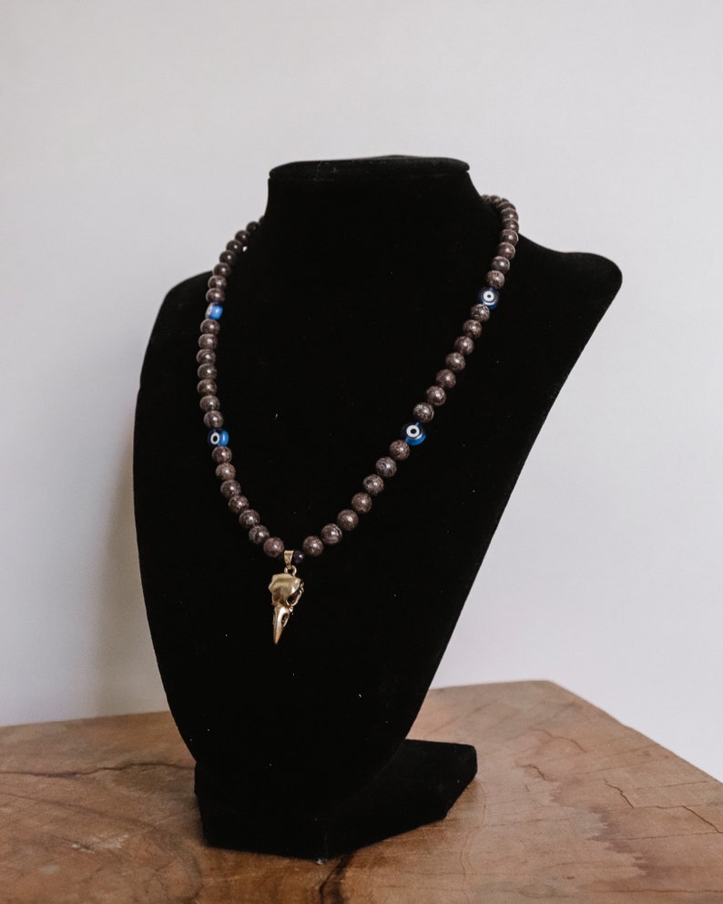 Modern Mala Jewelry Handcrafted /'Soham Shivoham/' Bird Talisman and Brown Snowflake Obsidian Stone Necklace with Turkish Evil Eyes