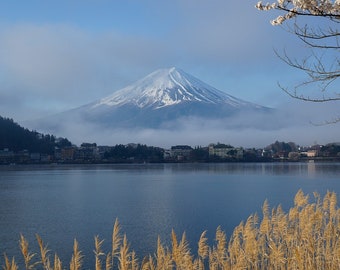 Photo Mont Fuji et cerisiers en fleurs après le lever du soleil #2, Kawaguchiko Japon Grand format Décoration maison