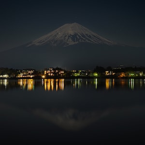 Photo Mount Fuji in Spring in the moonlight by night, Kawaguchiko Japan Large format Home decoration