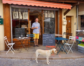 Photo Bistrot Comptoir in the town of Buis-les-Baronnies on a market day, Drome provençale France Large format Home decoration