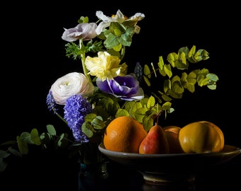Fotocomposición de flores y frutos, Naturaleza muerta Gran formato Decoración del hogar