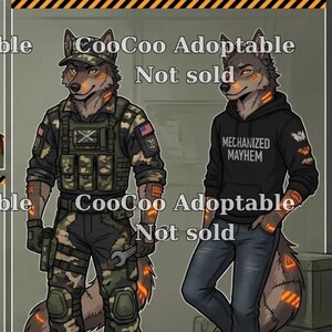 May include: Digital art featuring anthropomorphic wolves in various outfits. One wears a bomber jacket, another military gear, and a third a hoodie. Each character has a unique design and color scheme, with text reading "CooCoo Adoptable" and "Not sold".