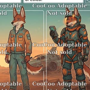May include: An illustration of a fox-like character in different outfits, including a spacesuit and casual wear. The colour scheme features orange, blue, and brown hues. The text "CooCoo Adoptable" and "Not sold" are displayed across the image.