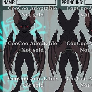 May include: A digital art piece featuring a dark bat-like creature in various poses and outfits. The creature has red eyes and large ears. Text on the image reads "CooCoo Adoptable" and "Not sold".