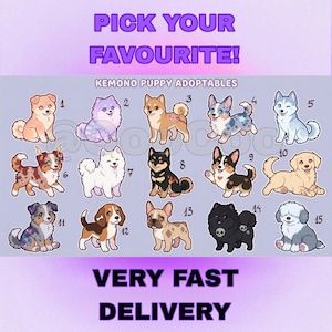 Op de afbeelding: Een illustratie met 15 verschillende cartoon puppy ontwerpen, elk met unieke kleuren en patronen. De tekst bovenaan luidt "PICK YOUR FAVOURITE!" en "KEMONO PUPPY ADOPTABLES." De tekst onderaan luidt "VERY FAST DELIVERY."