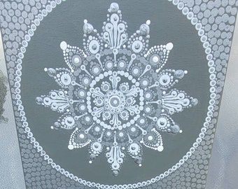 Gray, White, and Silver Hand Painted Dot Mandala Painting on Square 12x12 inch/30.48cm Stretched Canvas (framed).