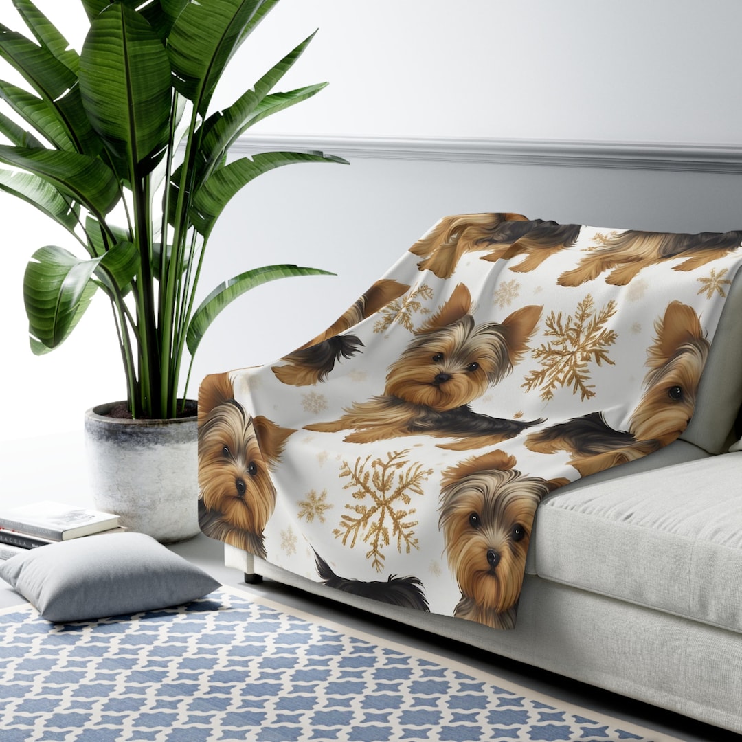Yorkie Christmas Blanket, Fleece Blanket, Snowflake Pattern, Throw