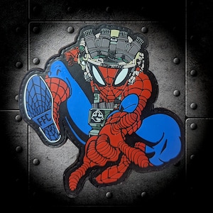 May include: A red and blue cartoon superhero wearing a helmet with the text "FREEDOM FIGHTERS" and a red spider logo on the chest. The superhero is in a running pose with one leg extended and the other leg bent. The superhero is wearing a blue and red suit with a red spider logo on the chest. The superhero is holding a gun in one hand and a knife in the other hand. The superhero is standing on a metal surface.