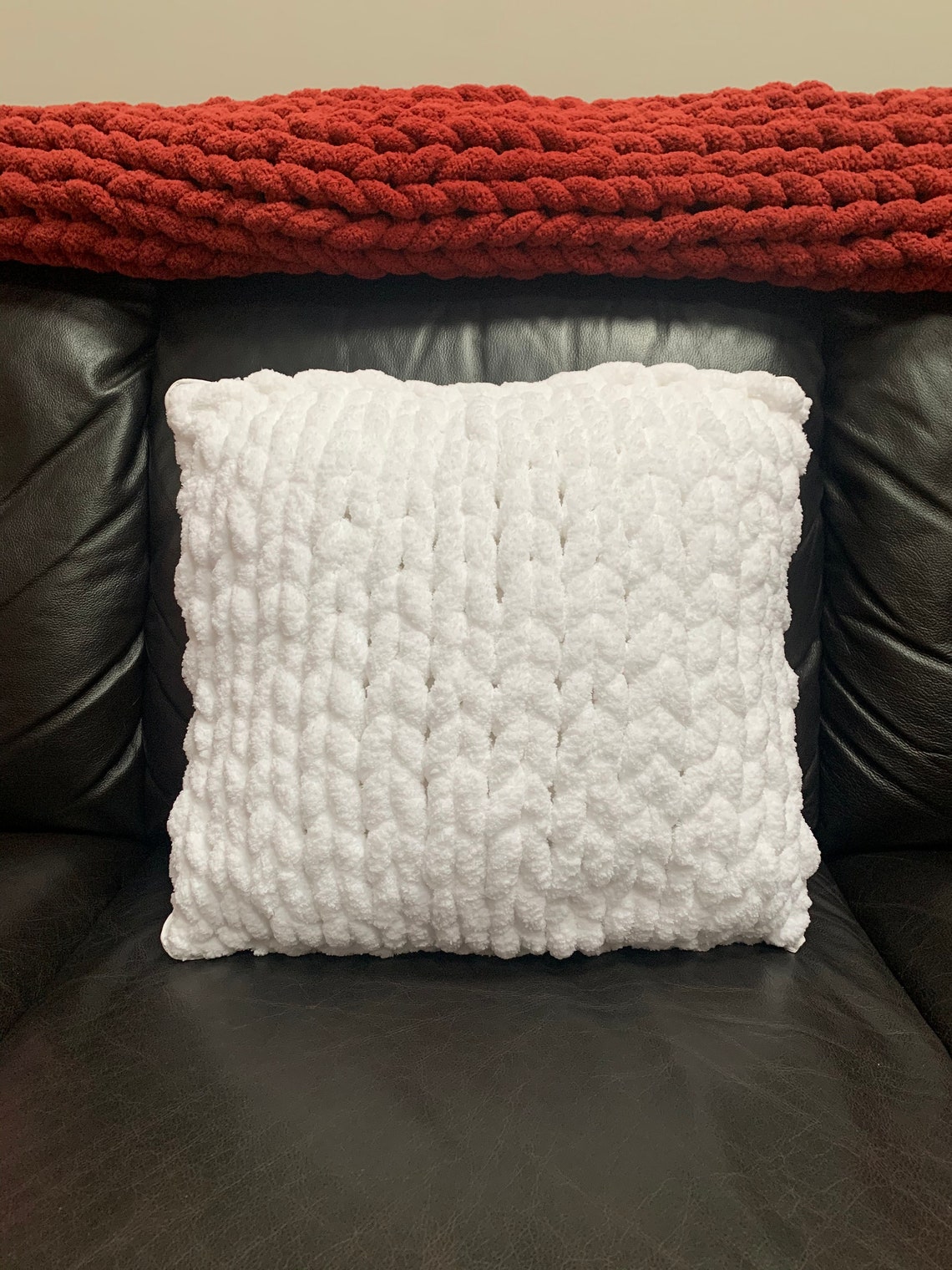 White Chunky Knit Throw Pillow // Feather Pillow // 14x14 // Etsy