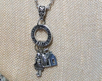 Wizard of Oz Charm Necklace "There's No Place Like Home" Circle Carrier with Dorothy, Corn, and House Charms, 30" Silver Chain